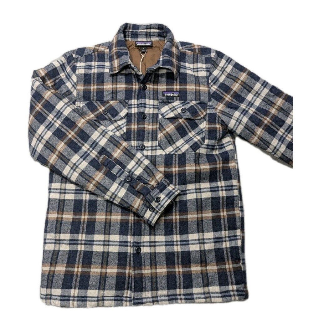 Patagonia Men Insulated Fjord Flannel Shirt Jacket Shacket Blue Brown Small EUC